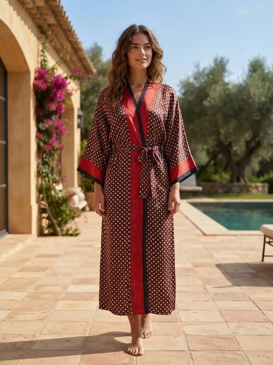 Upcycle Boho Silk Long Women kimono, Boho Chic Robe House Beach Cover Up Vintage Bridesmaid Lounge Dressing Gown Resort Wear Gypsy Nightwear