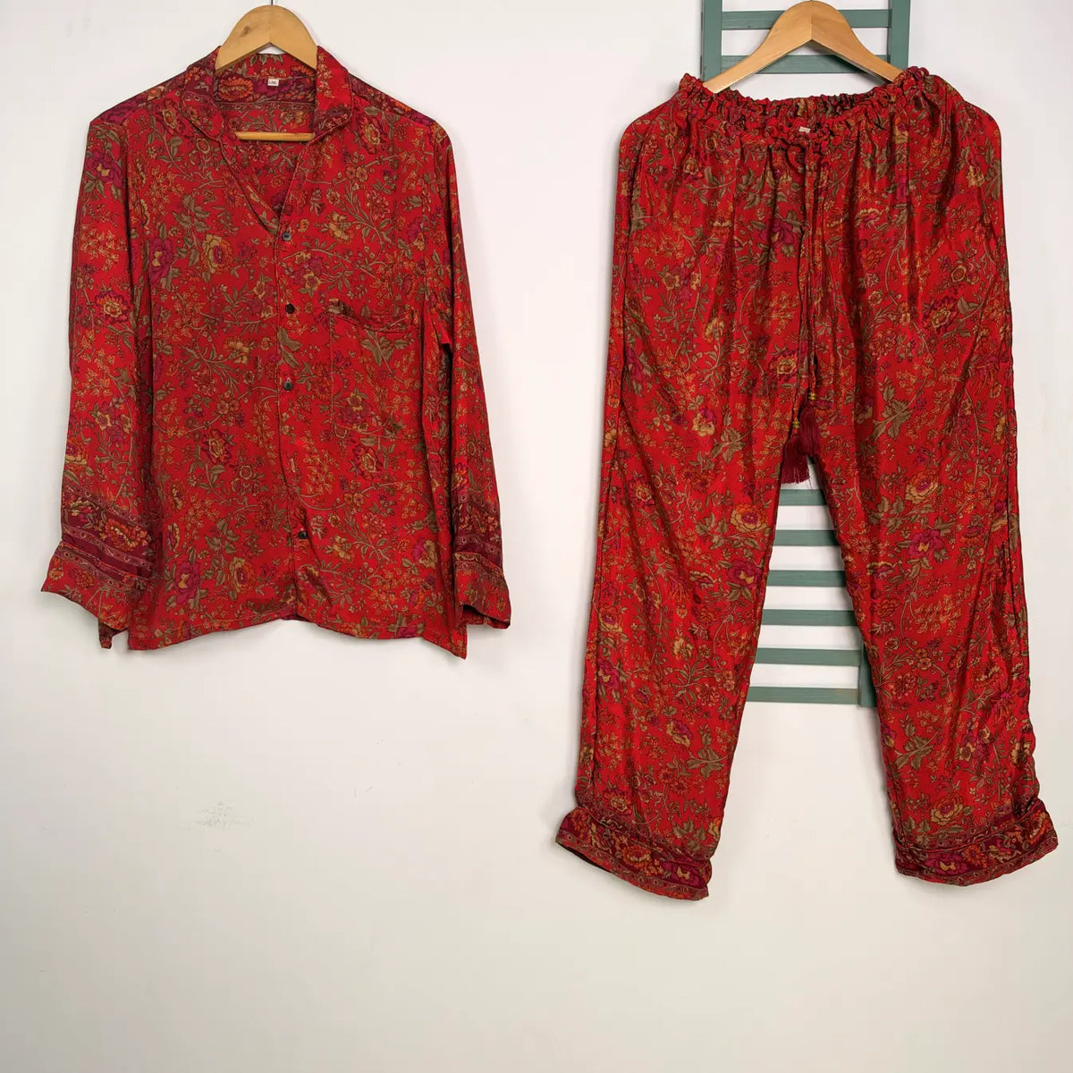 Recycled Silk Sari Pajama Set, Soft Handmade Nightwear, Valentine Gift for Her, Button Down Top, Drawstring Pants, Luxury Lounge Gift