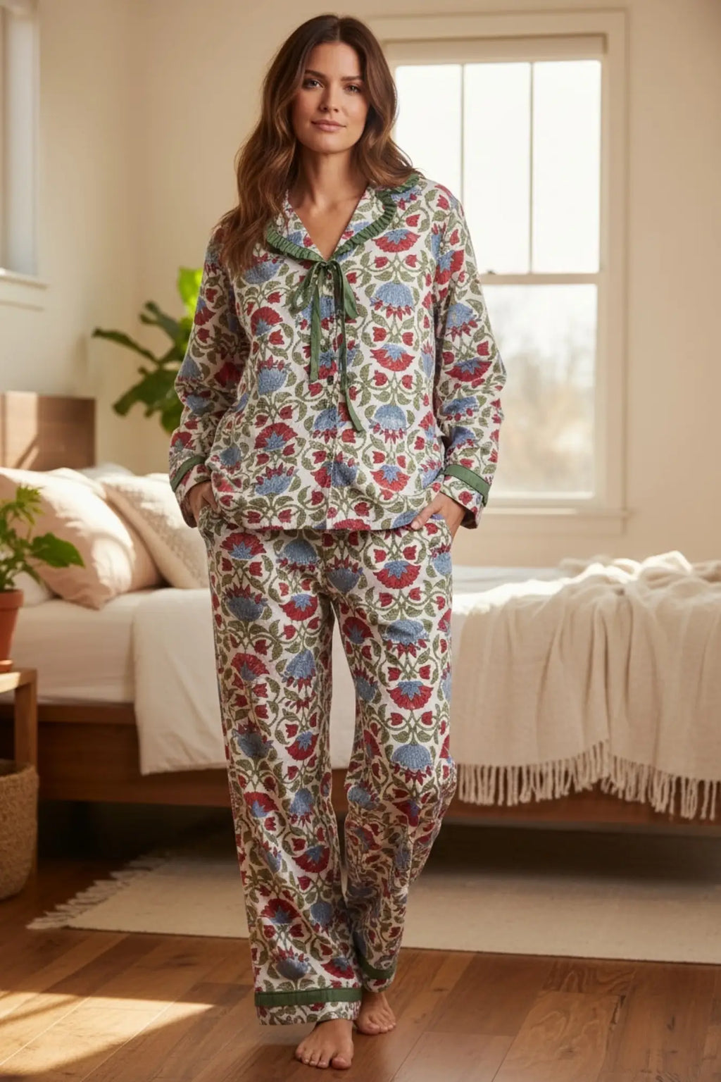 Women's block-printed Cotton Pajama Set in floral