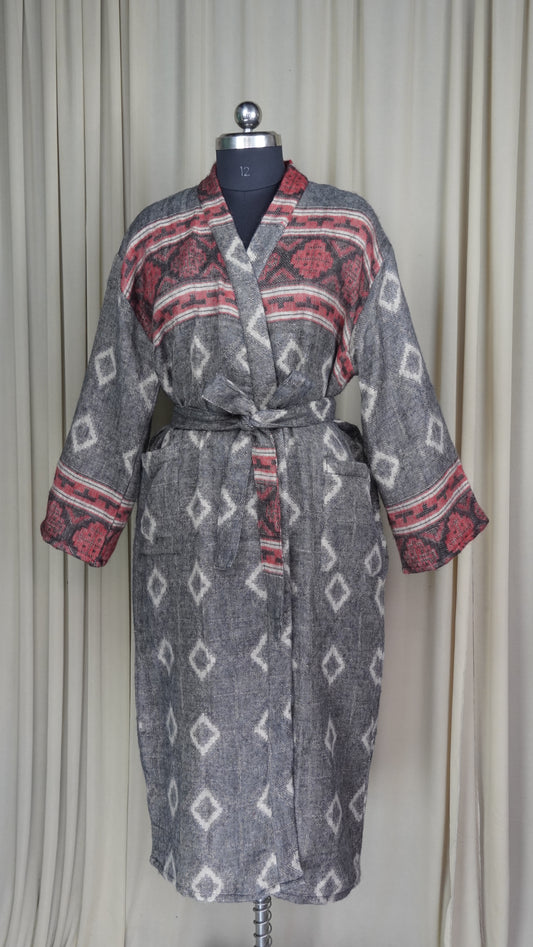 Yak Wool Blend Kimono Robe: Maroon Geometric Print, Warm Winter Wear