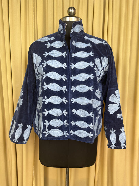 Boho Hand Embroidered Velvet Suzani Jacket, Blue Floral Open Front Coat Winter Wear Free Size Robe Retro Chic Free Size Robe Blazer for Her