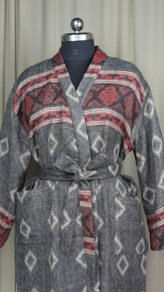 Yak Wool Blend Women Kimono Robe, Cozy Warm Winter Romance Loungewear, Gray Diamond Print Cardigan House Coat with Pockets, Quirky Christmas Gift