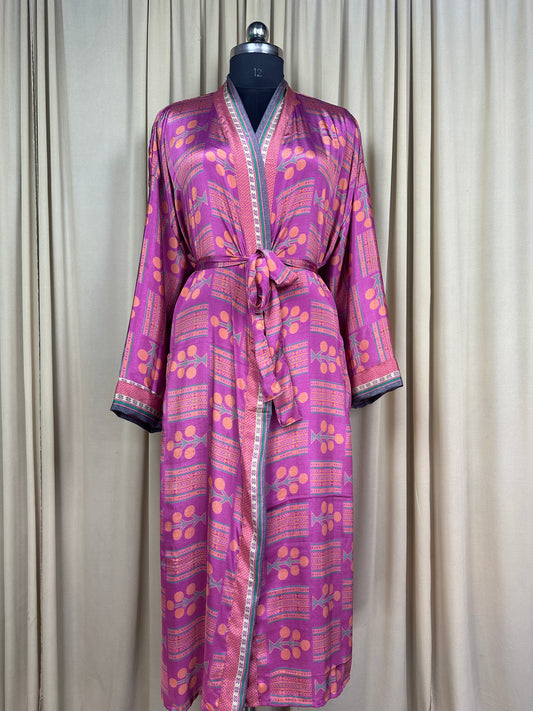 Recycle Silk Sari Women Kimono | Boho Chic Beach Cover Up Vintage Lounge Dressing Robe l Resort Wear Regal Gypsy House Robe Purple Geometric