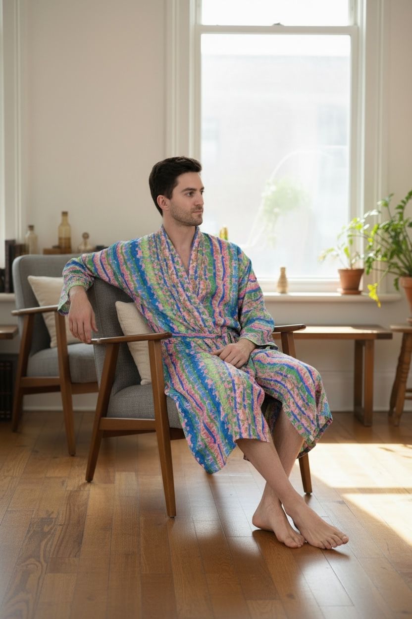 Men's Silk Kimono Robe in pink green geometric