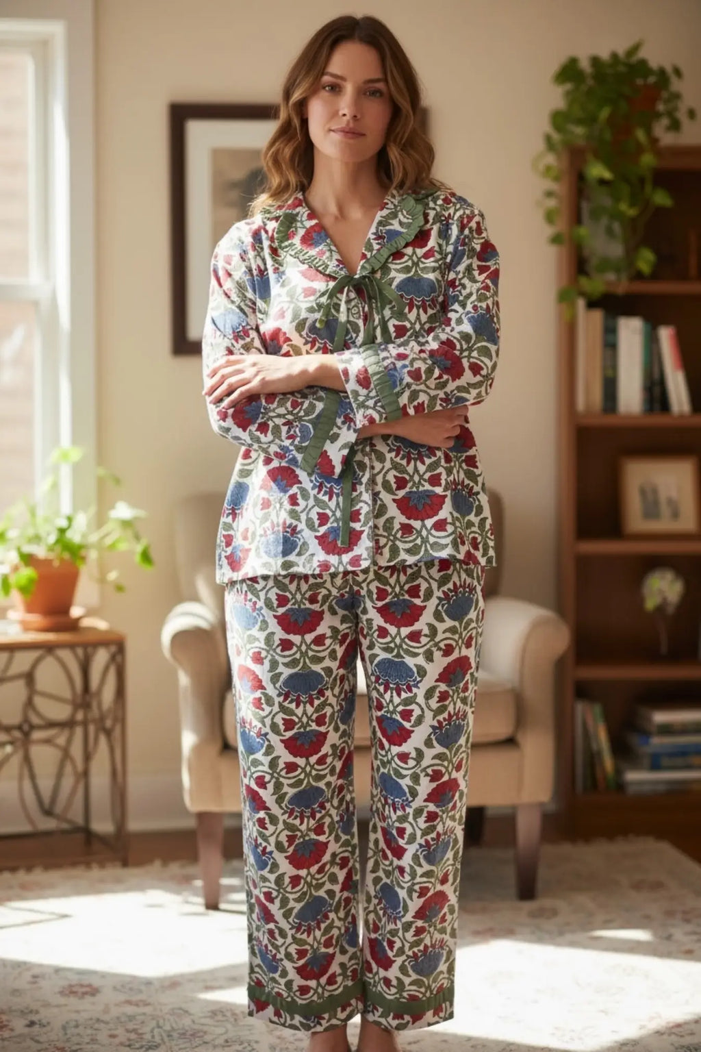 Women's block-printed Cotton Pajama Set in floral