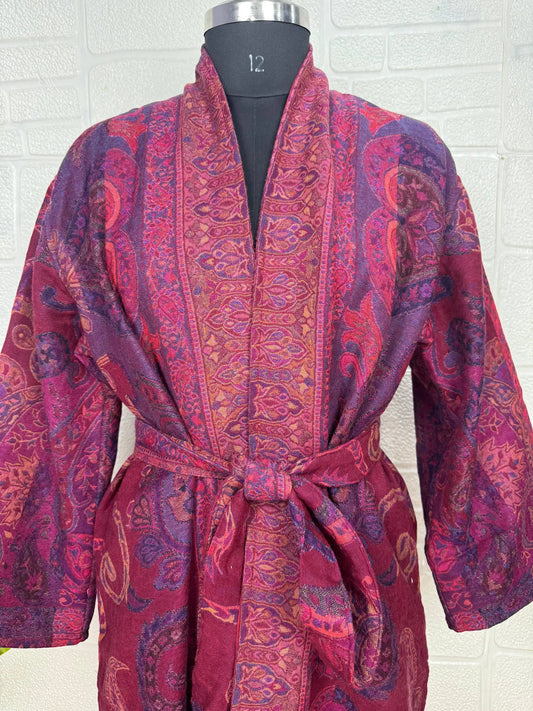 Handmade Merino Wool Kimono Robe: Paisley Floral Jacket, Elegant Cardigan