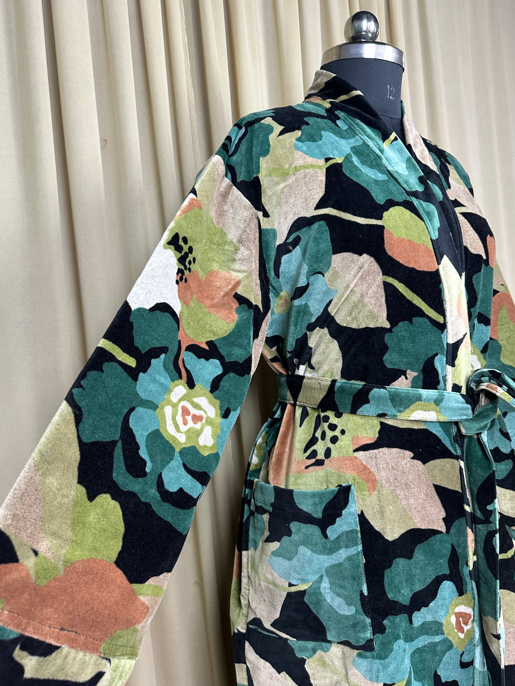 Luxury Velvet Kimono Unisex House Robe | Boho Jacket Autumn Winter Christmas Gift Elegant Reversible Silk Lined | Quirky Gown Black Floral