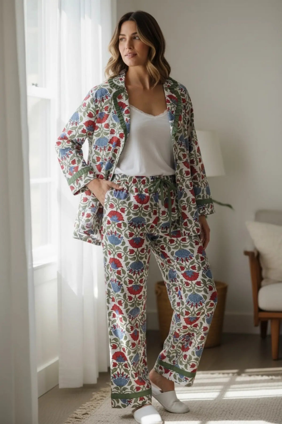 Women's block-printed Cotton Pajama Set in floral