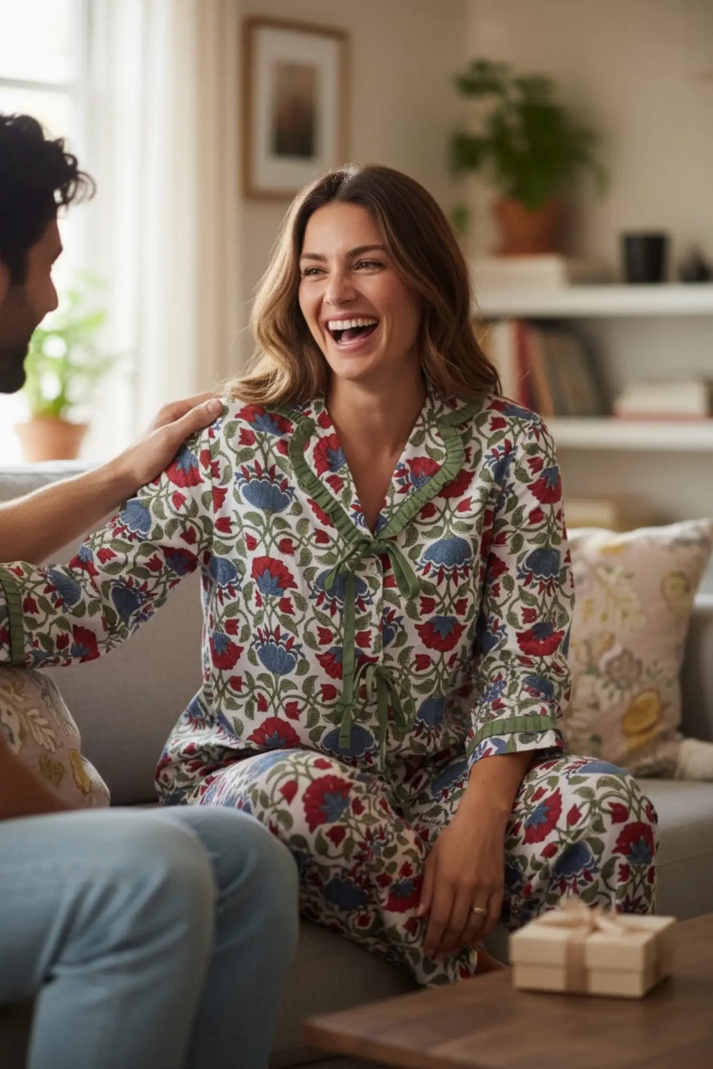 Women's block-printed Cotton Pajama Set in floral