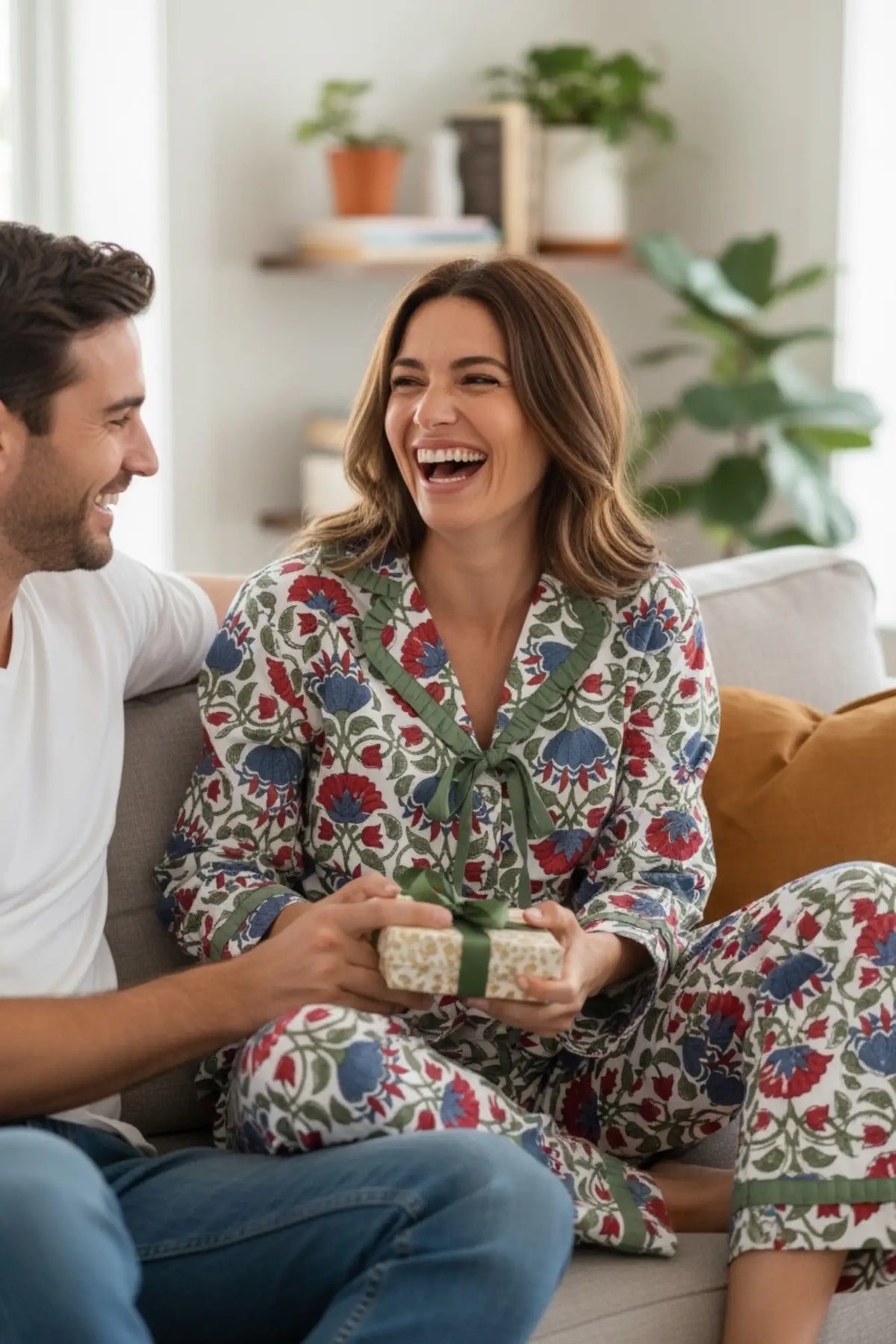 Women's block-printed Cotton Pajama Set in floral