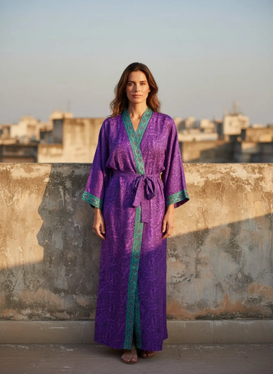 Recycle Silk Sari Women Kimono | Boho Chic Robe House, Beach Cover Up Vintage Bridesmaid Lounge Dressing Gown l Resort Wear Gypsy Nightwear