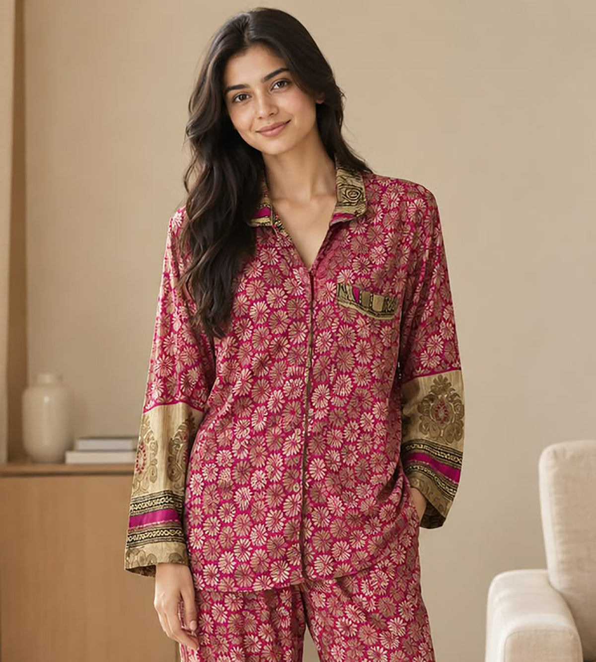 Silky Nightwear Pajama Set, Recycled Sari Silk Blend Luxury Lounge Set, Button Down Top, Drawstring Pants with Side Pockets, Gift