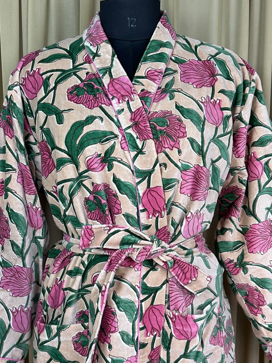 Luxury Velvet Kimono Unisex House Robe | Boho Jacket Autumn Winter Christmas Gift Elegant Reversible Silk Lined | Quirky Gown Beige Floral
