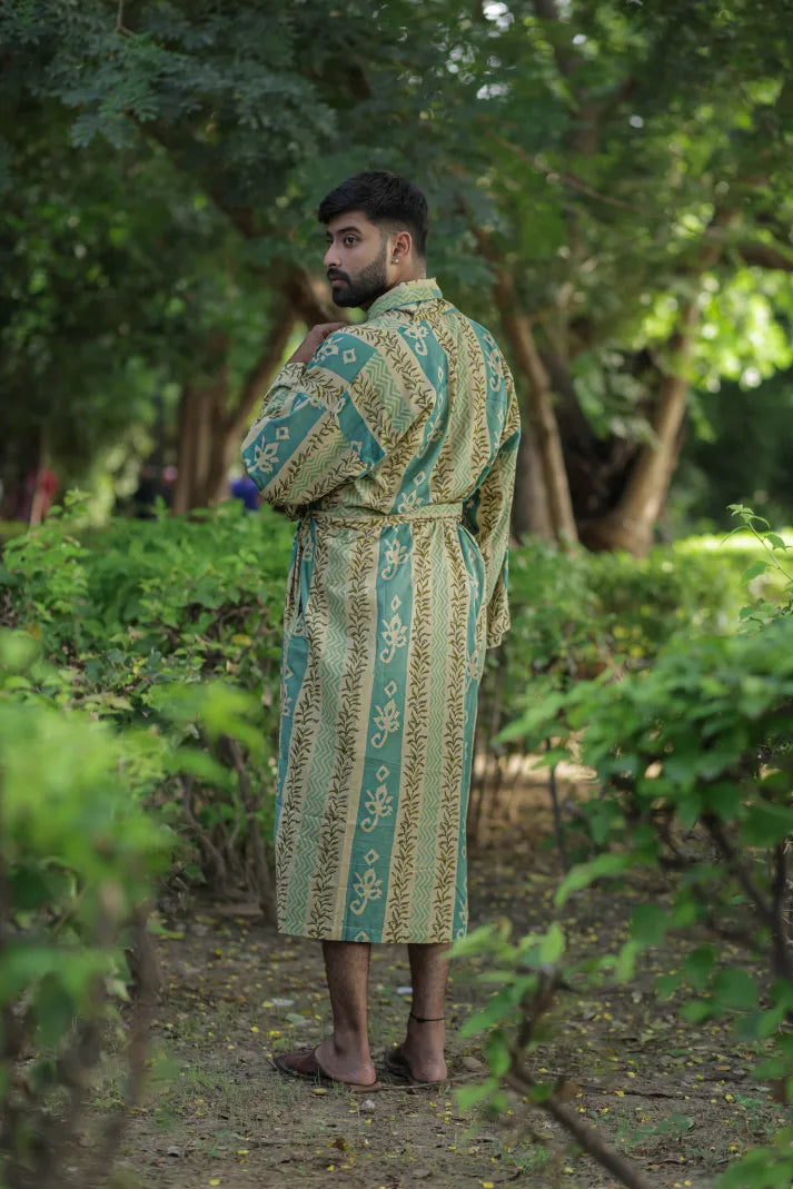 Men's Cotton Long Kimono Robe in striped with pockets