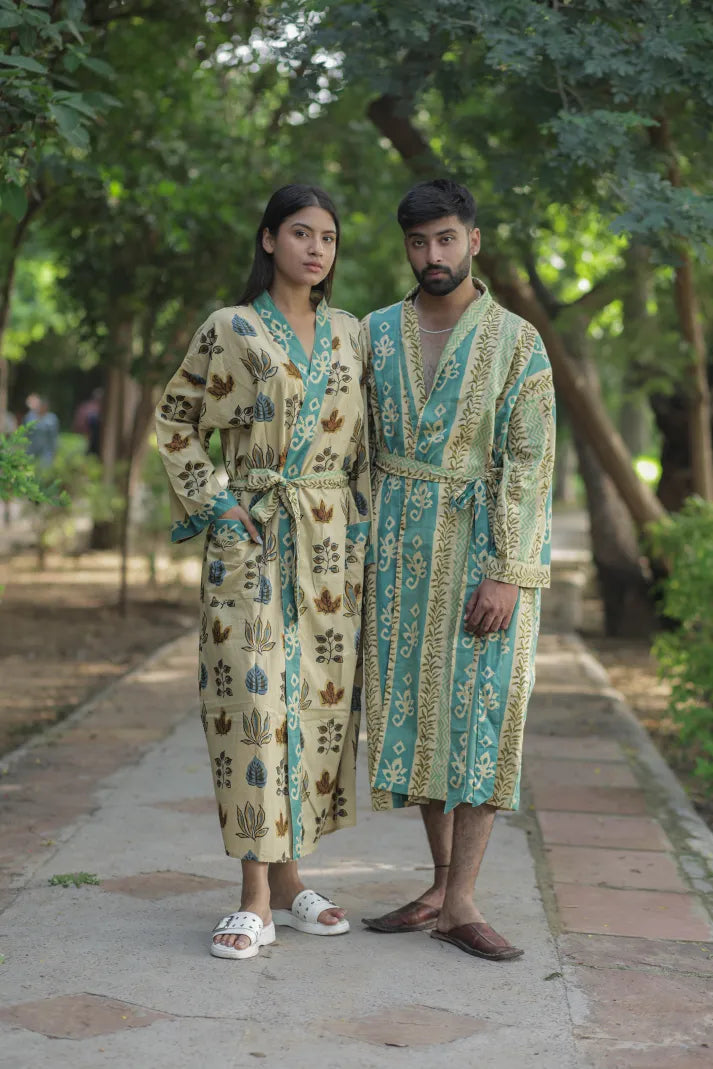 Men's Cotton Long Kimono Robe in striped with pockets