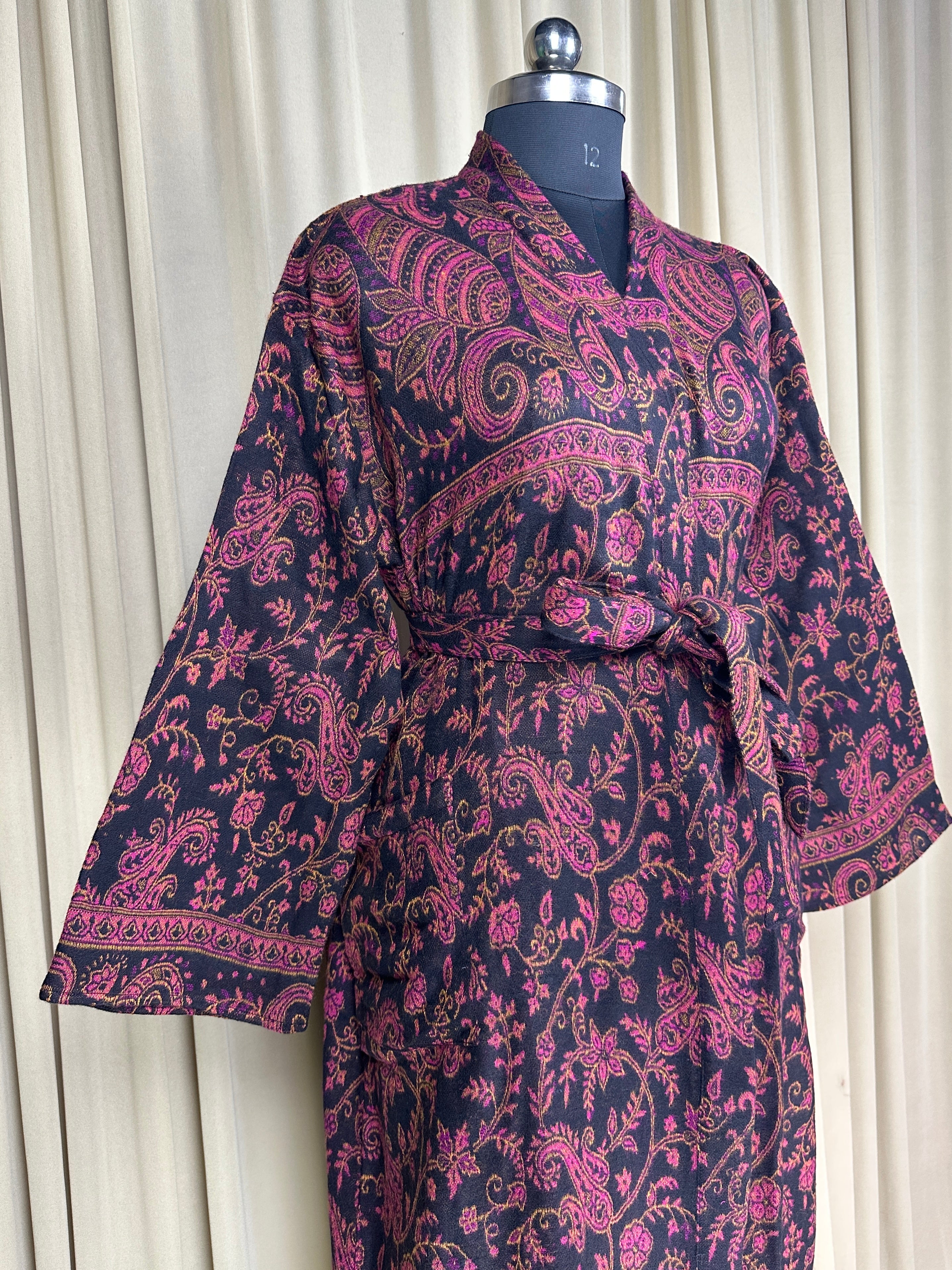 Yak Wool Blend Women Kimono Robe | Cozy Warm Winter Romance Loungewear, Black Paisley Cardigan House Coat with Pockets, Quirky Christmas Gift