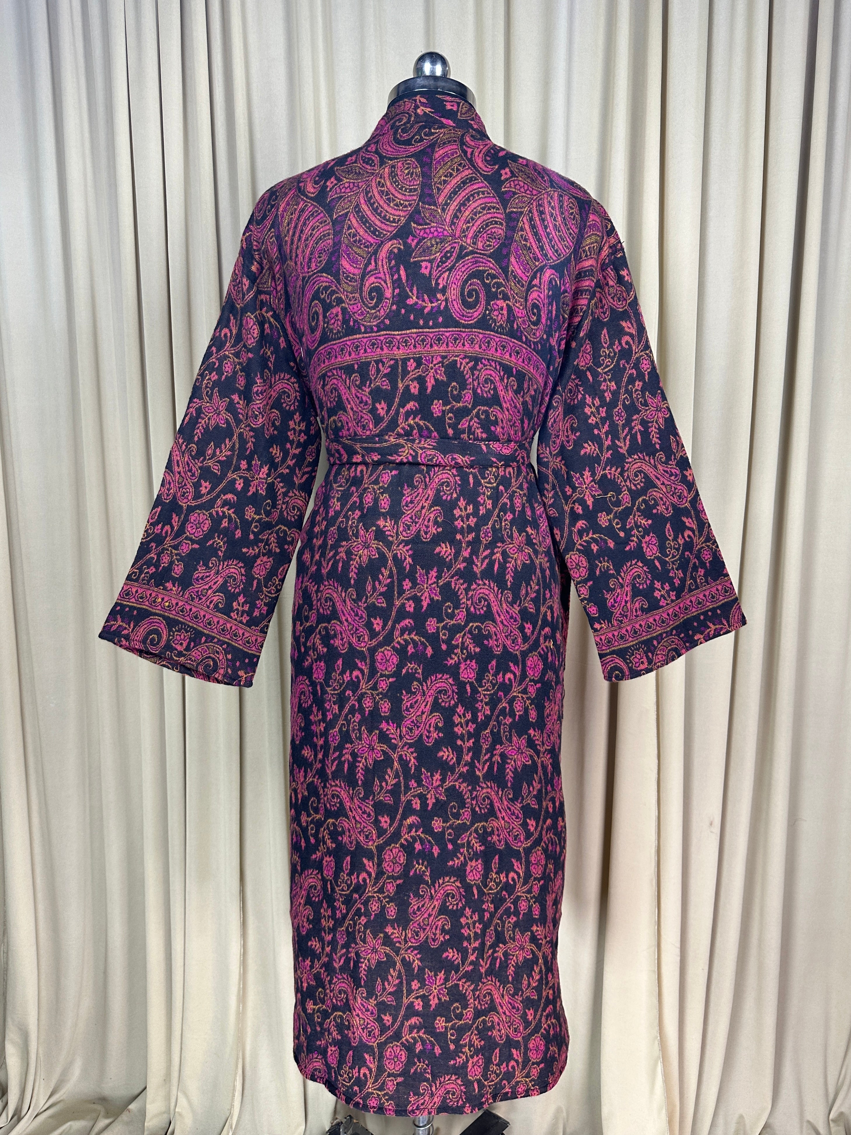 Yak Wool Blend Women Kimono Robe | Cozy Warm Winter Romance Loungewear, Black Paisley Cardigan House Coat with Pockets, Quirky Christmas Gift