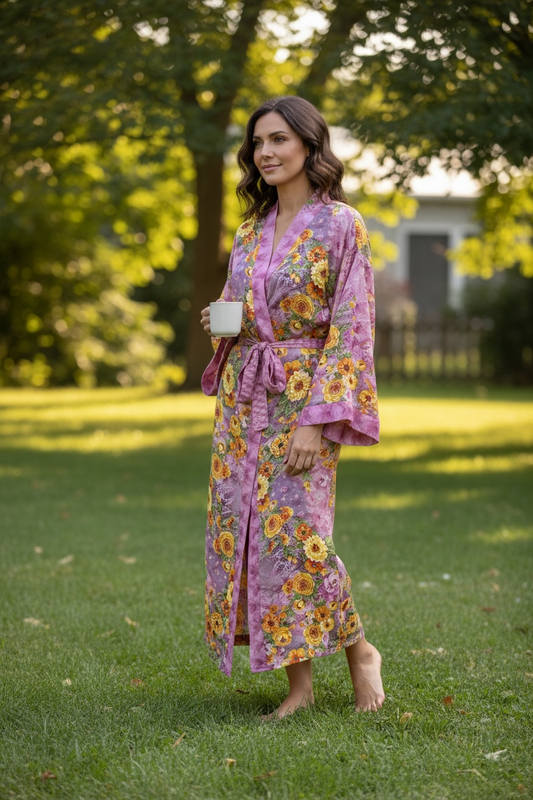 Recycle Silk Sari Women Kimono | Boho Chic Beach Cover Up Vintage Lounge Dressing Robe l Resort Wear Regal Gypsy House Robe | Pink Floral