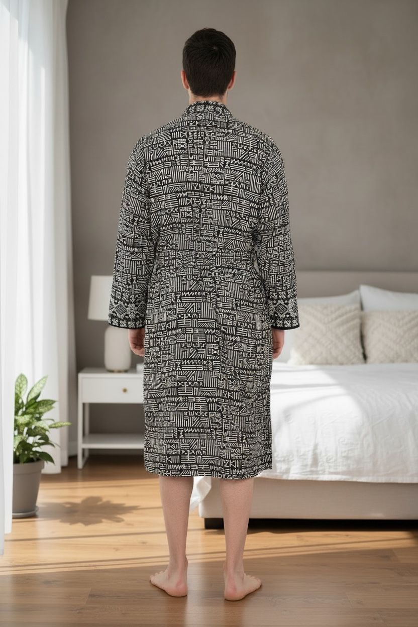 Men's block-printed Cotton Kimono Robe