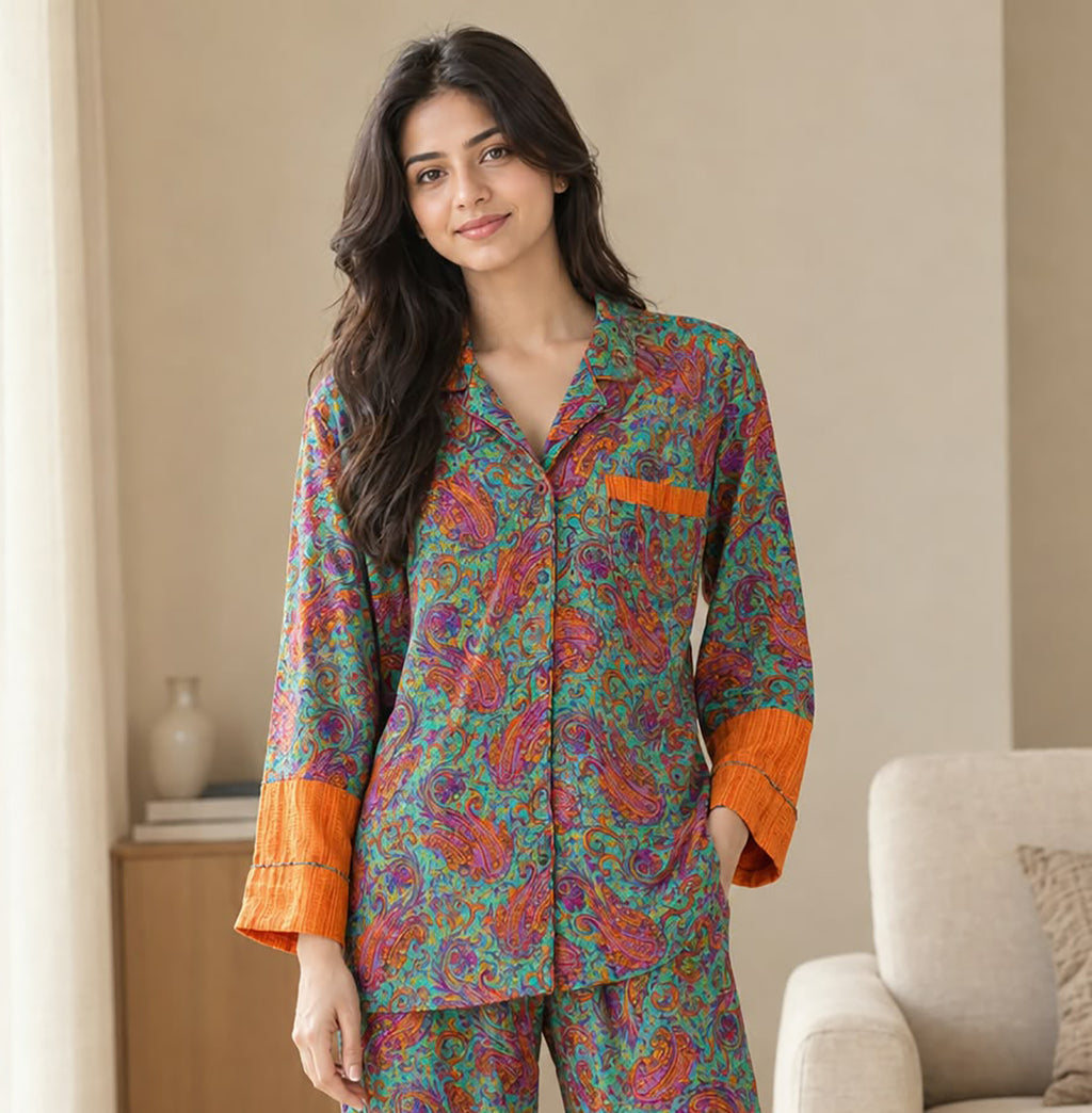 Handmade Recycled Sari Pajama Set, Boho Women's Clothing, Silk Blend Loungewear, Button Down Top, Drawstring Pants, Gift for Her