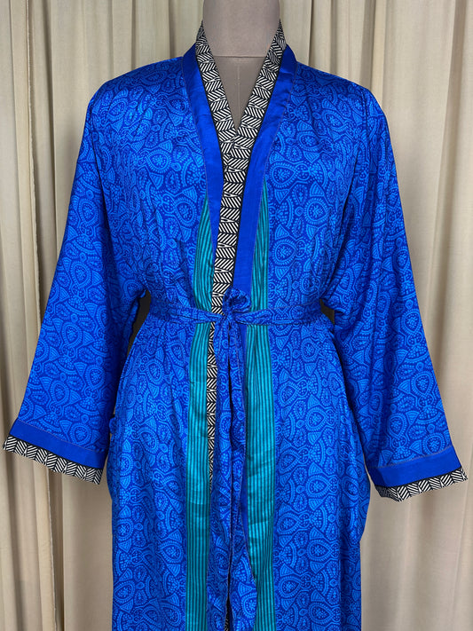 Recycle Silk Sari Women Kimono | Boho Chic Beach Cover Up Vintage Lounge Dressing Robe | Resort Wear Regal Gypsy House Robe, Blue Geometric