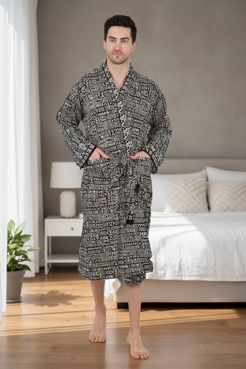 Men's block-printed Cotton Kimono Robe