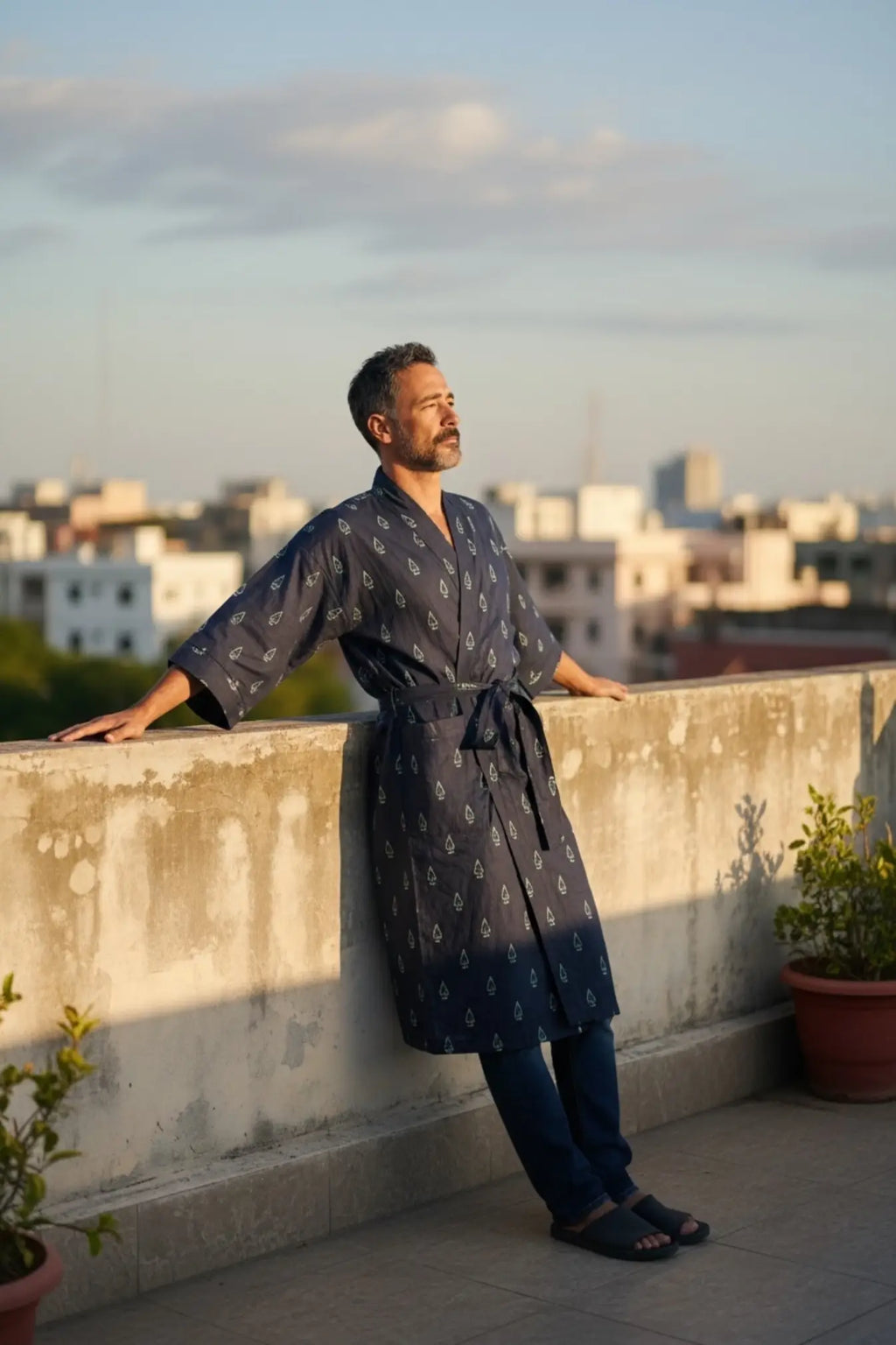 Unisex Cotton Kimono Robe in geometric