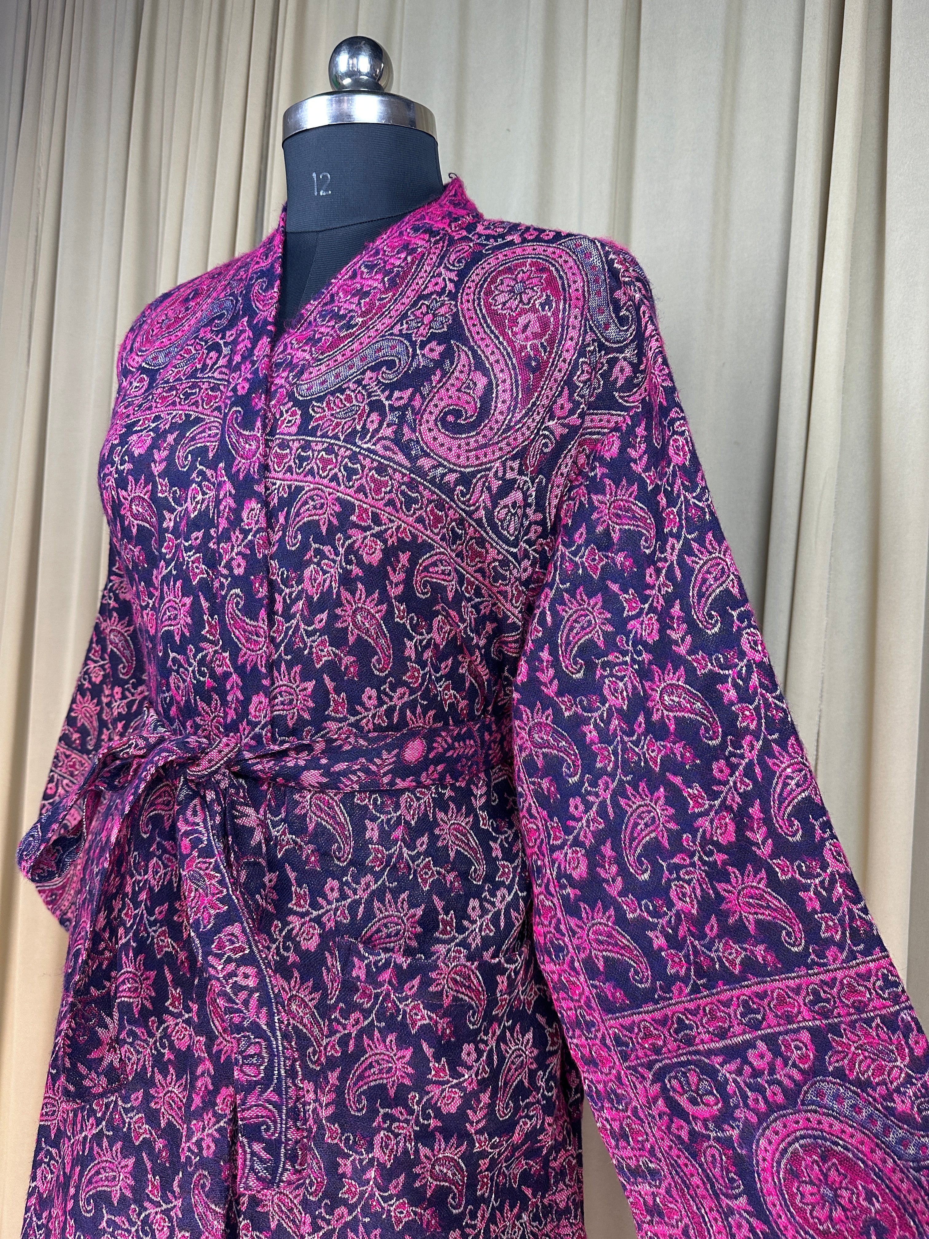 Yak Wool Blend Women Kimono Robe, Cozy Warm Winter Romance Loungewear, Purple Paisley Cardigan House Coat with Pockets Quirky Christmas Gift