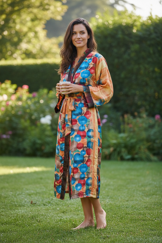Recycle Silk Sari Women Kimono, Boho Chic Beach Cover Up Vintage Lounge Dressing Robe  l Resort Wear Regal Gypsy House Robe Yellow Geometric