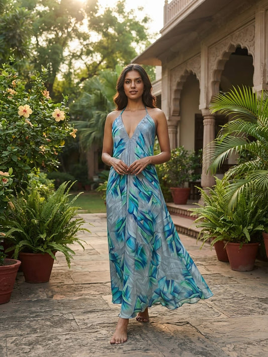 Womens Clothing Maxi Halter Neck Dress | Soft Breathable Recycle Silky, Flowy Boho Festival Dress for Beach Cover up, Anniversary Gift Her
