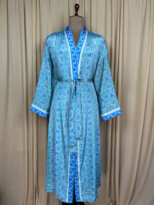 Recycle Silk Sari Women Kimono | Boho Chic Beach Cover Up Vintage Lounge Dressing Robe | Resort Wear Regal Gypsy House Robe, Gray Floral