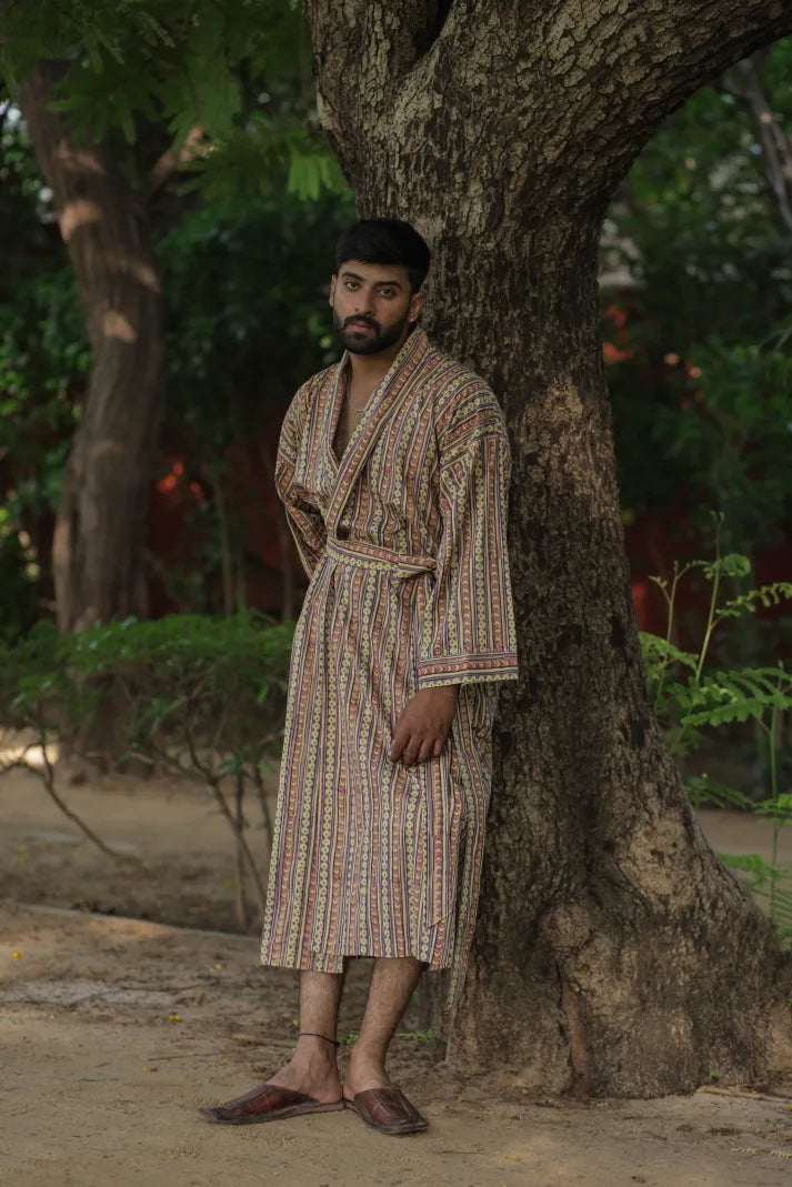 Men's Cotton Kimono Robe in striped with pockets