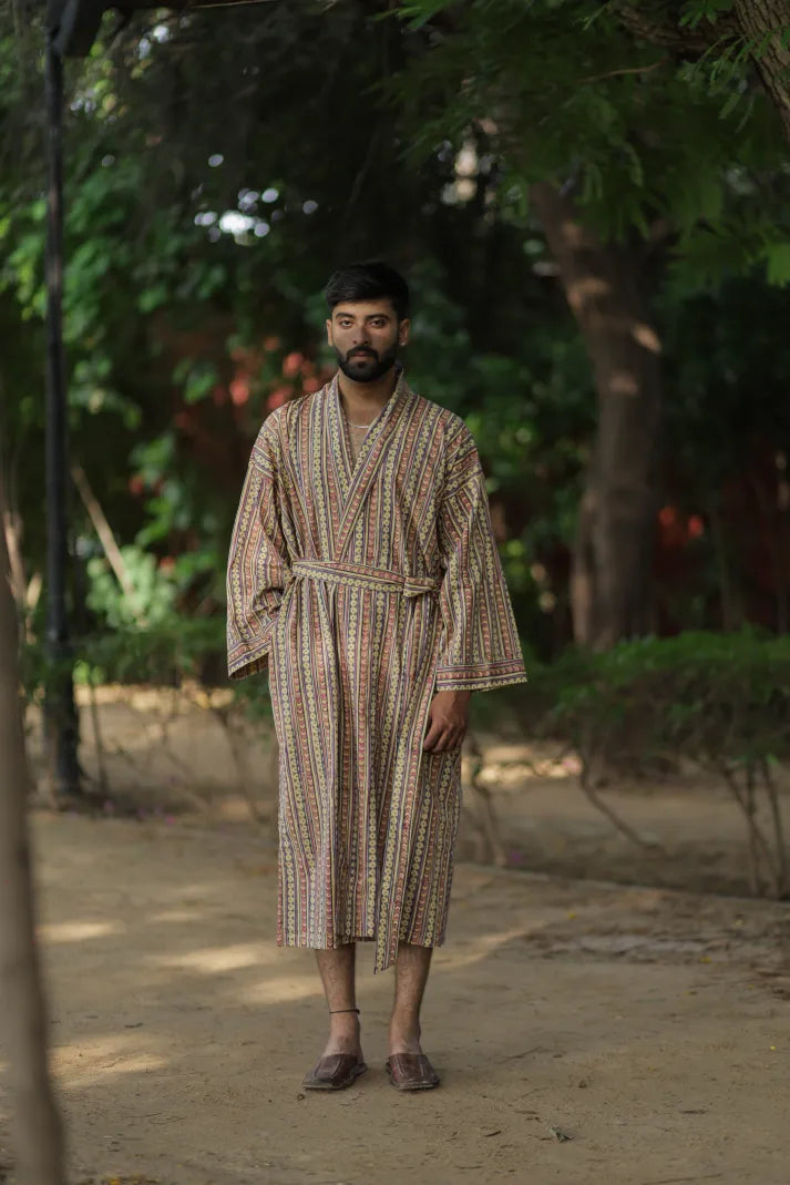 Men's Cotton Kimono Robe in striped with pockets