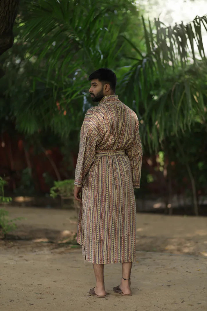 Men's Cotton Kimono Robe in striped with pockets
