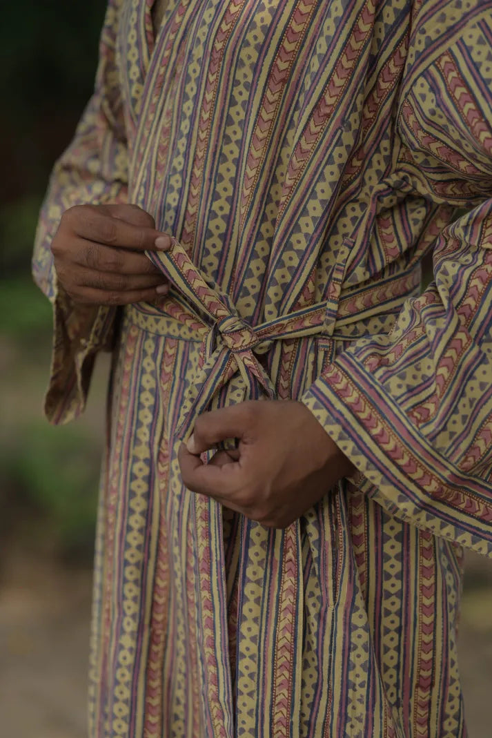 Men's Cotton Kimono Robe in striped with pockets