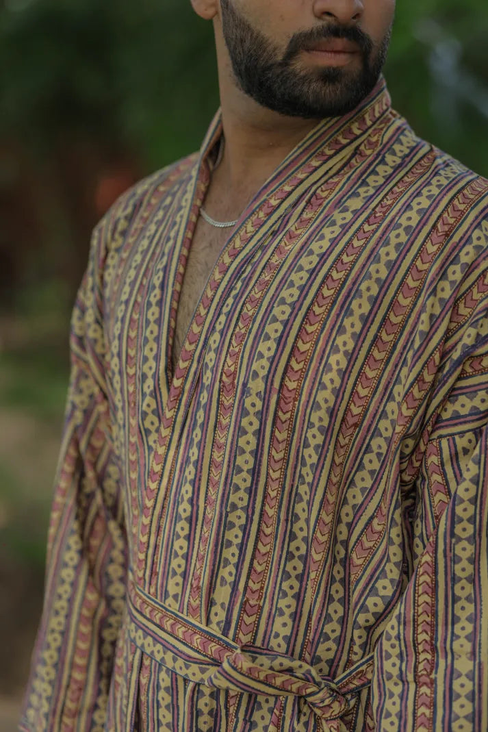 Men's Cotton Kimono Robe in striped with pockets