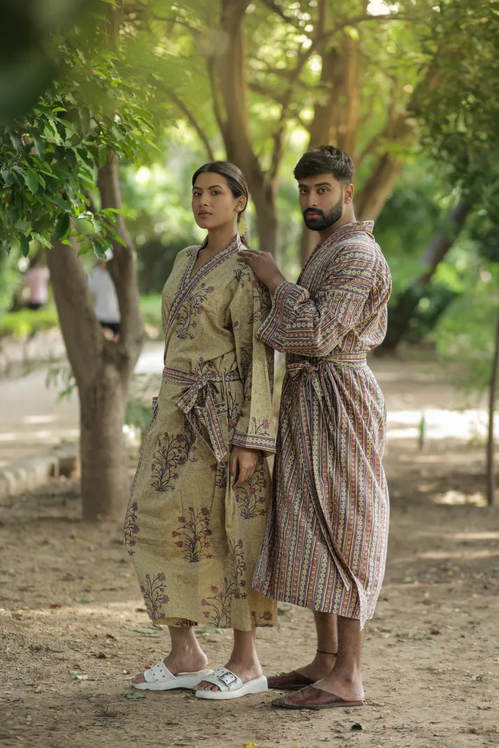 Men's Cotton Kimono Robe in striped with pockets