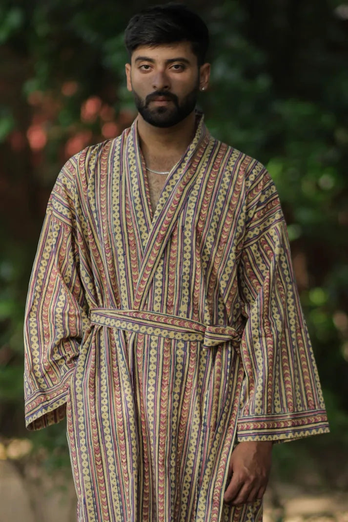 Men's Cotton Kimono Robe in striped with pockets