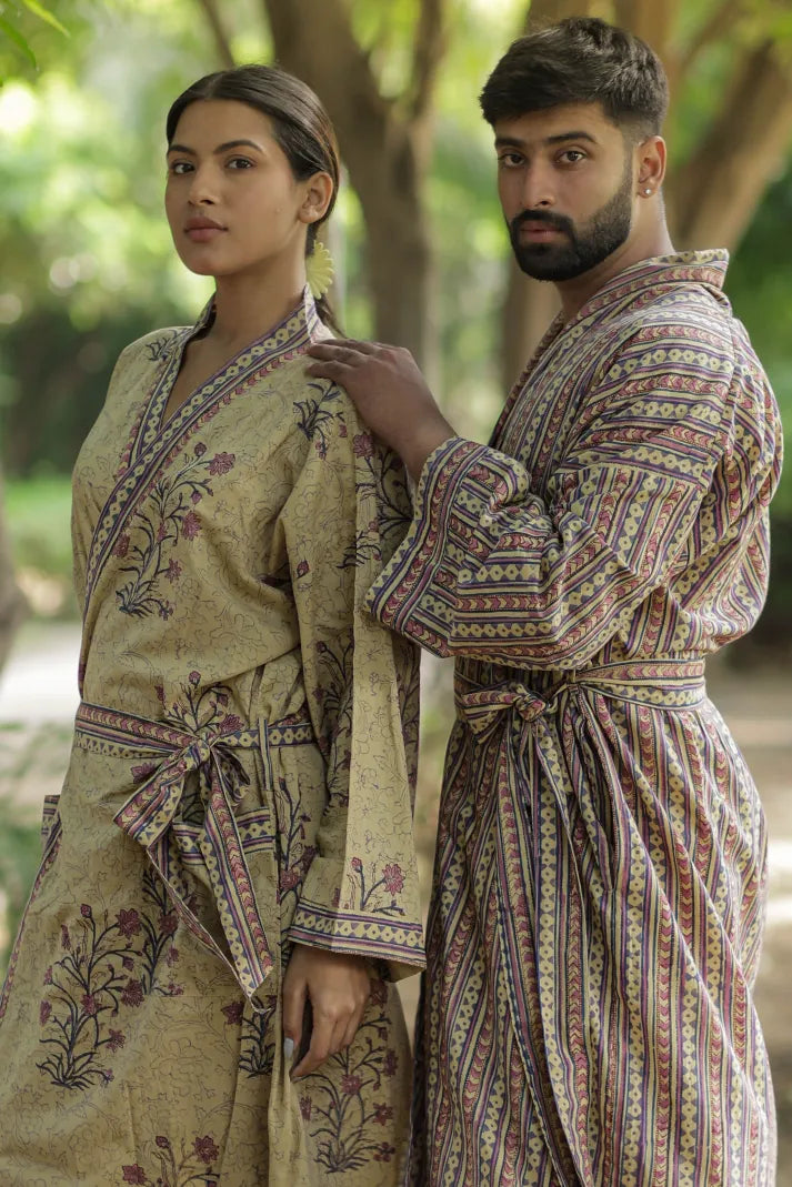 Men's Cotton Kimono Robe in striped with pockets