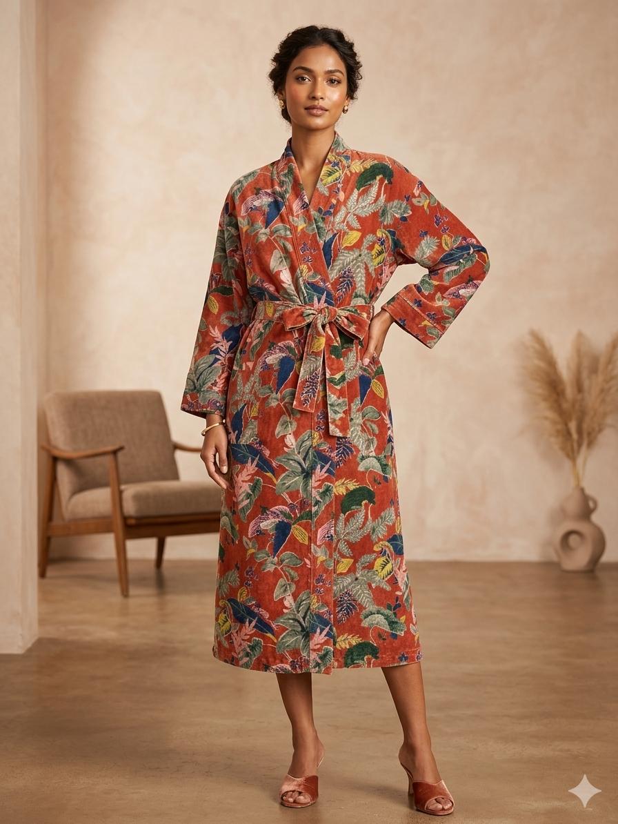 Velvet Women Kimono Robe | Boho Dressing Gown Reversible With Lining | Womens Clothing Bridal Robe Spa Gift For Her, Smoking Jacket For Her