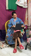 Women's reversible Kantha-stitched Cotton Long Kimono Robe in blue red floral