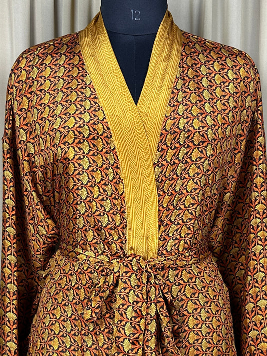 Recycle Silk Sari Women Kimono | Boho Chic Beach Cover Up Vintage Lounge Dressing Robe | Resort Wear Regal Gypsy House Robe, Black Floral