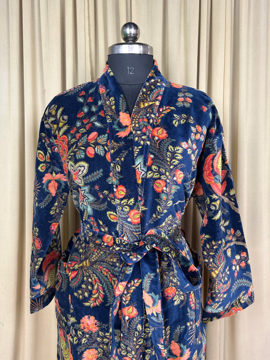 Luxury Velvet Kimono Unisex House Robe | Boho Jacket Autumn Winter Christmas Gift Elegant Reversible Silk Lined | Quirky Gown Blue Floral