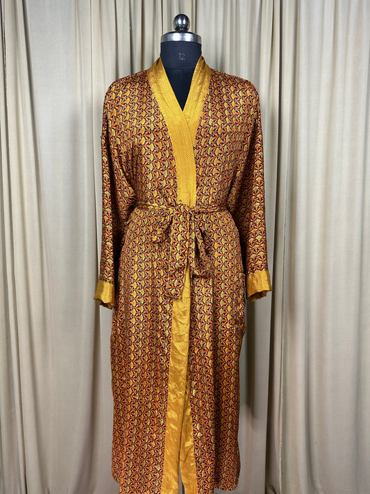 Recycle Silk Sari Women Kimono | Boho Chic Beach Cover Up Vintage Lounge Dressing Robe | Resort Wear Regal Gypsy House Robe, Black Floral