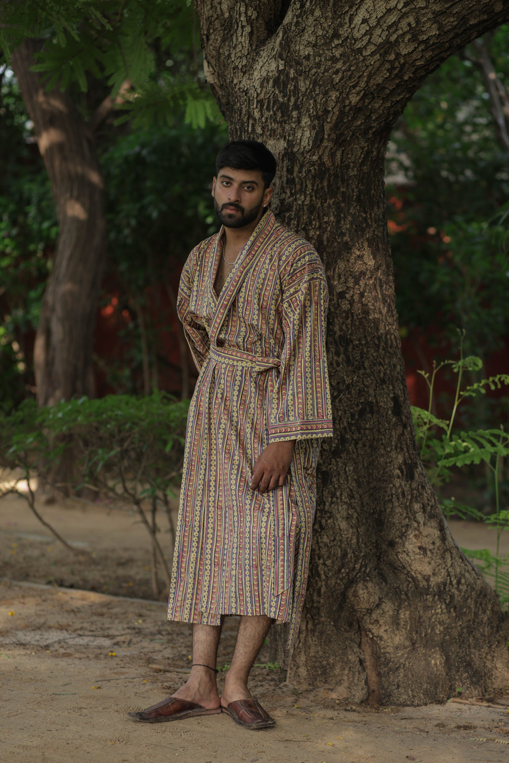 Men's Cotton Long Kimono Robe in striped with pockets