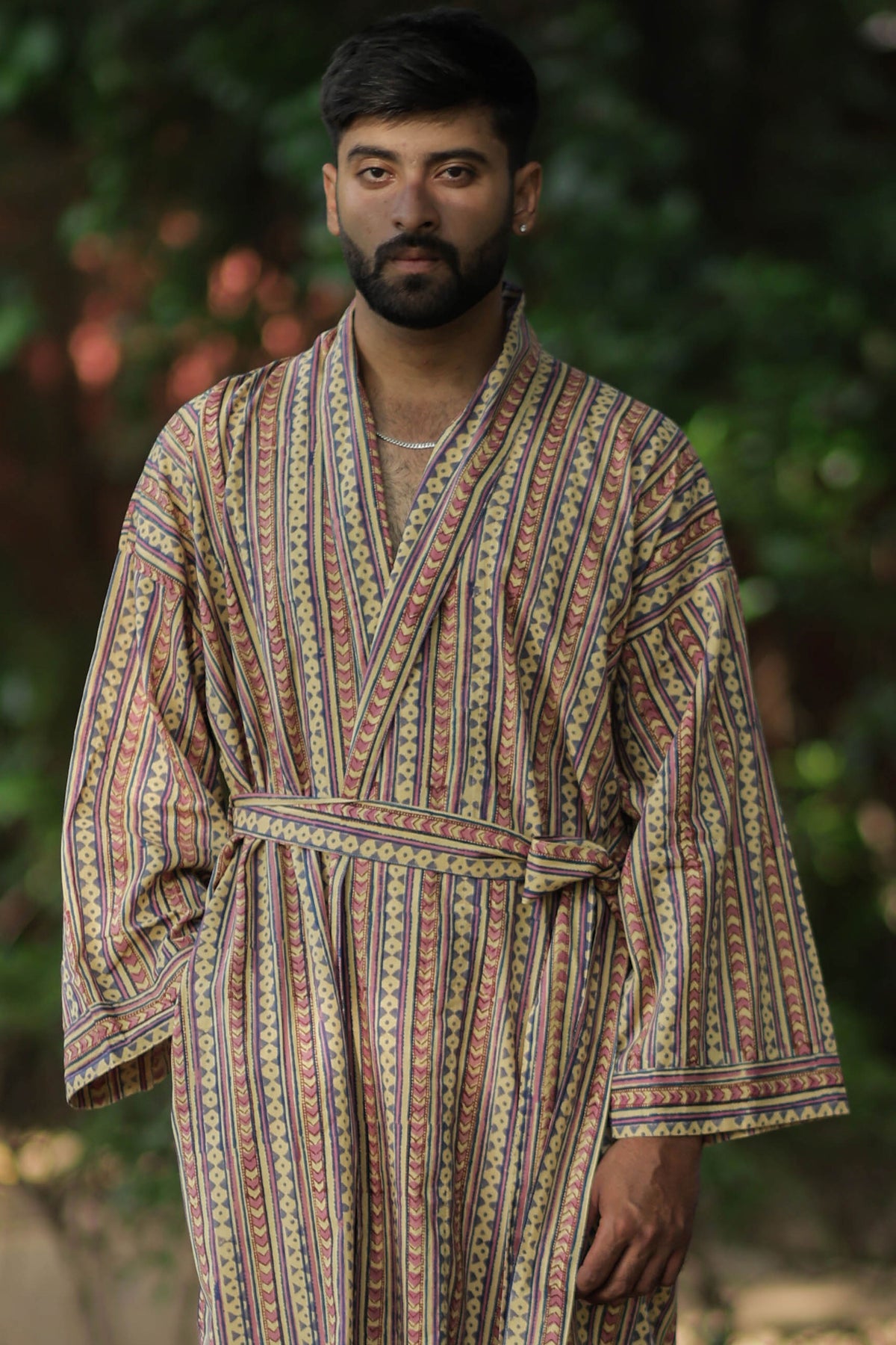 Men's Cotton Long Kimono Robe in striped with pockets