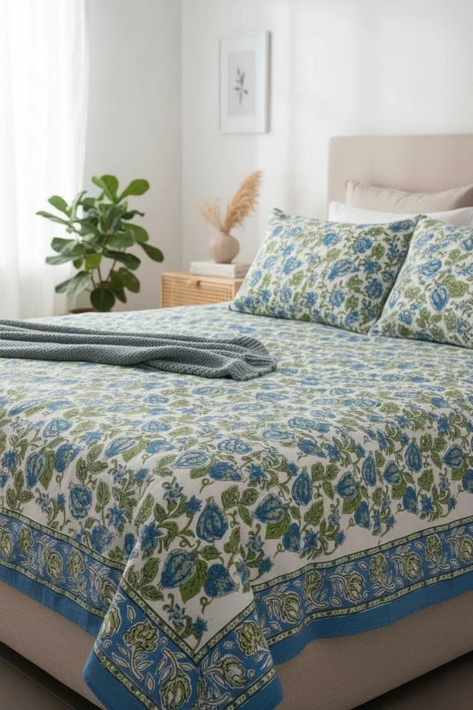 Pure Soft Cotton Bedsheet Set with Pillow Covers | Hand Block Jaipur Floral, Queen King Summer Bedspread, Boho Art Luxurious Home Gift Decor