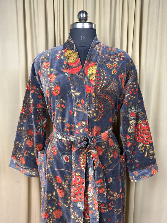 Luxury Velvet Kimono Unisex House Robe | Boho Jacket Autumn Winter Christmas Gift Elegant Reversible Silk Lined | Quirky Gown Gray Floral