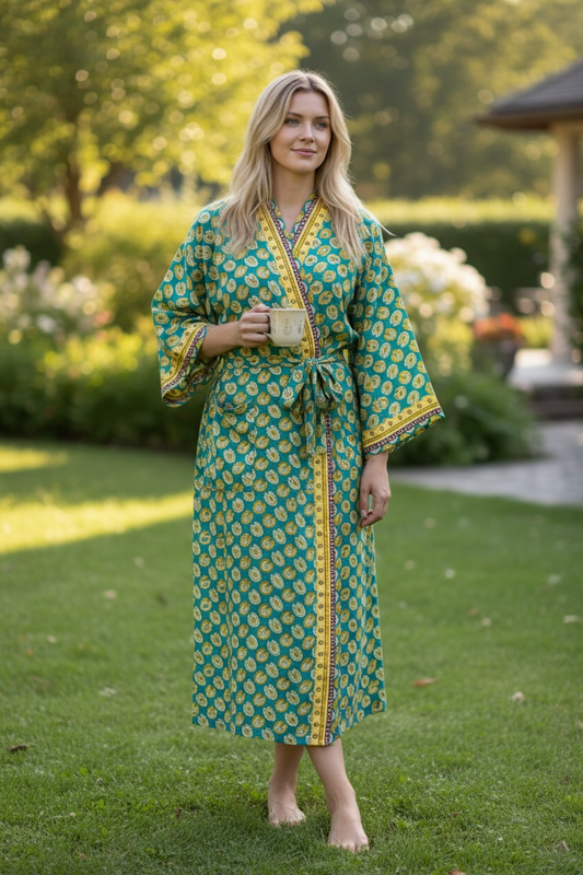Recycle Silk Sari Women Kimono | Boho Chic Beach Cover Up Vintage Lounge Dressing Robe l Resort Wear Regal Gypsy House Robe | Blue Floral