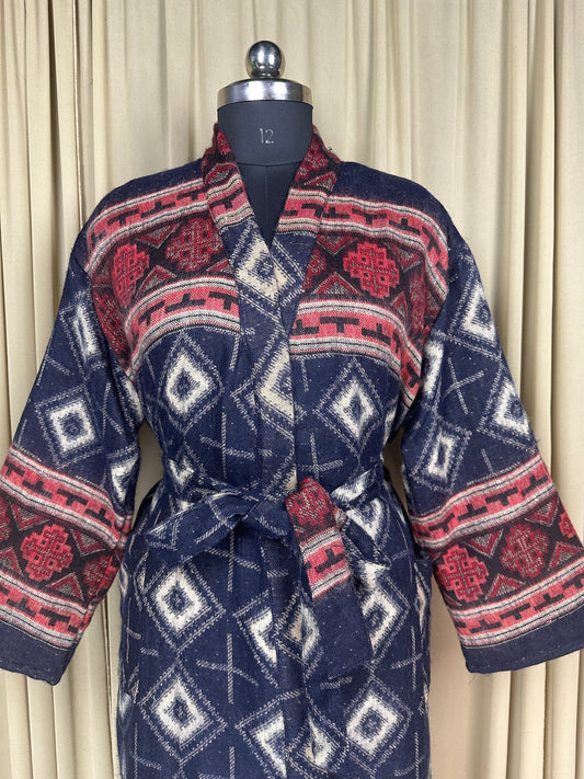 Yak Wool Blend Women Kimono Robe, Cozy Winter Romance Loungewear, Blue Diamond Print Cardigan House Coat with Pockets, Quirky Christmas Gift